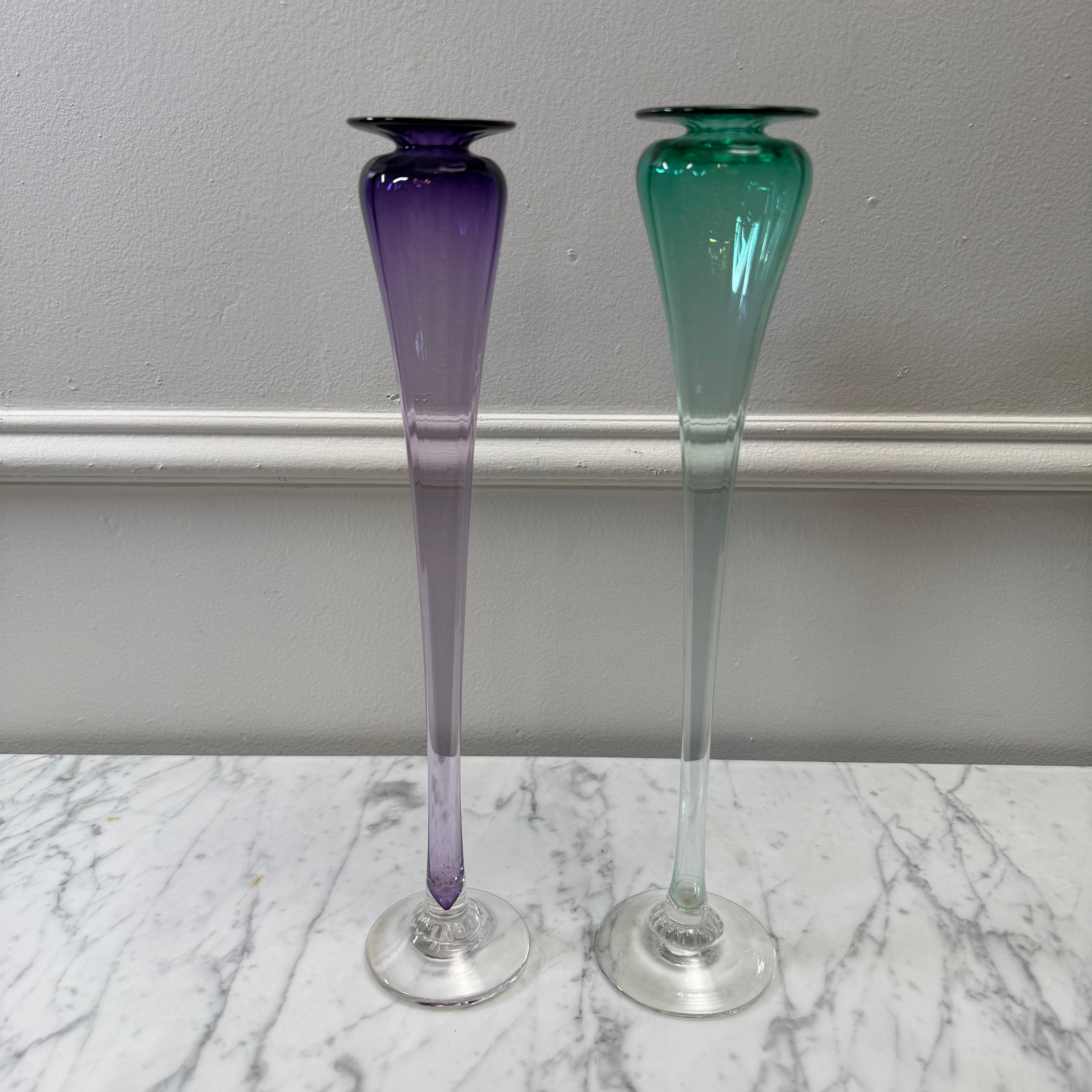 Pair Young & Constantin Hand-Blown Glass Trumpet Bud Vases