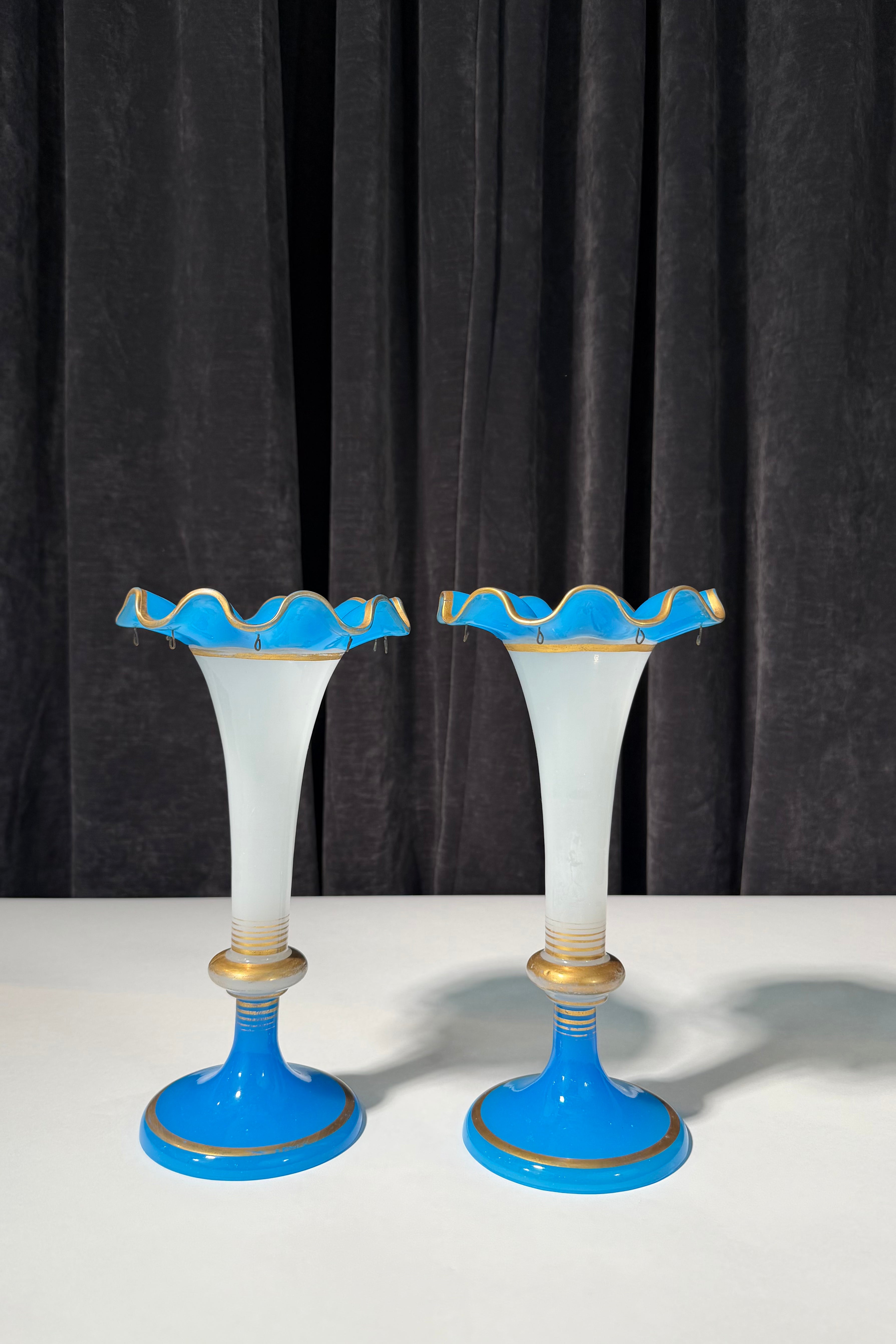 Pair of French Blue and White Opaline Glass Vase