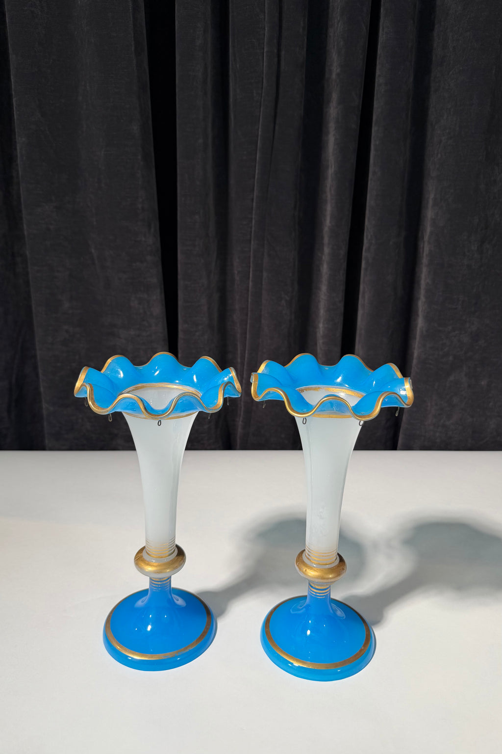 Pair of French Blue and White Opaline Glass Vase
