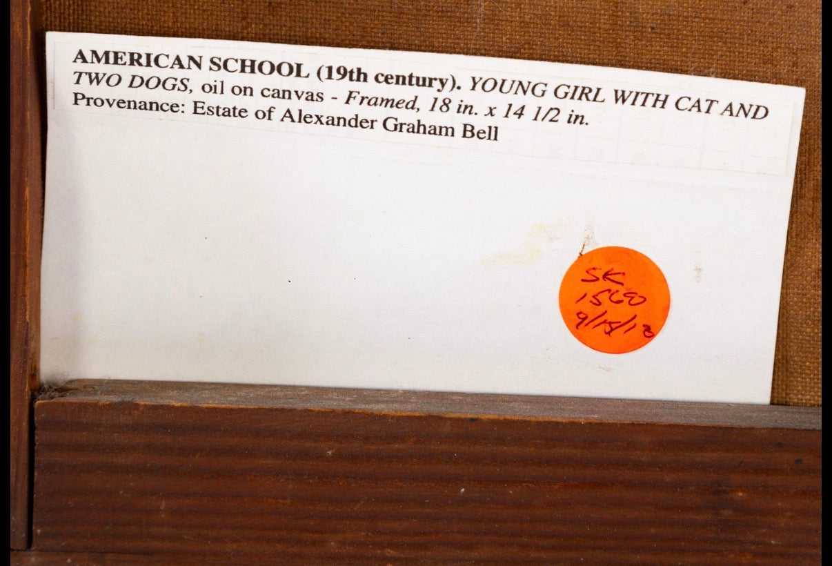 19th Century Oil Painting Girl Defending Cat