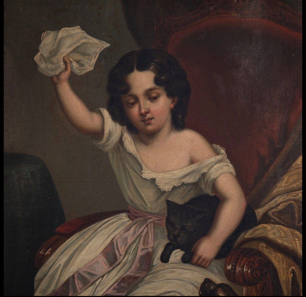 19th Century Oil Painting Girl Defending Cat